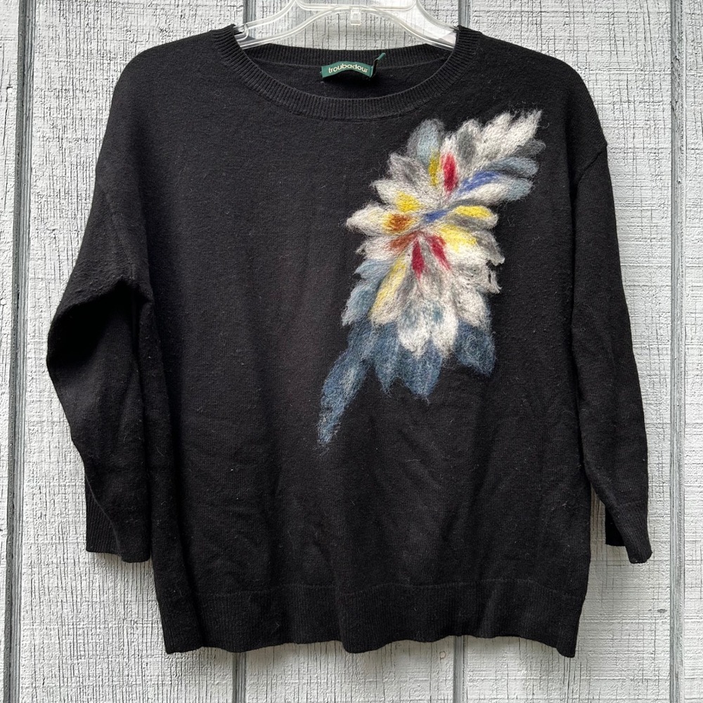 Troubadour Black Floral Watercolor Mohair Blend Sweater Knit Top Size‎ Small